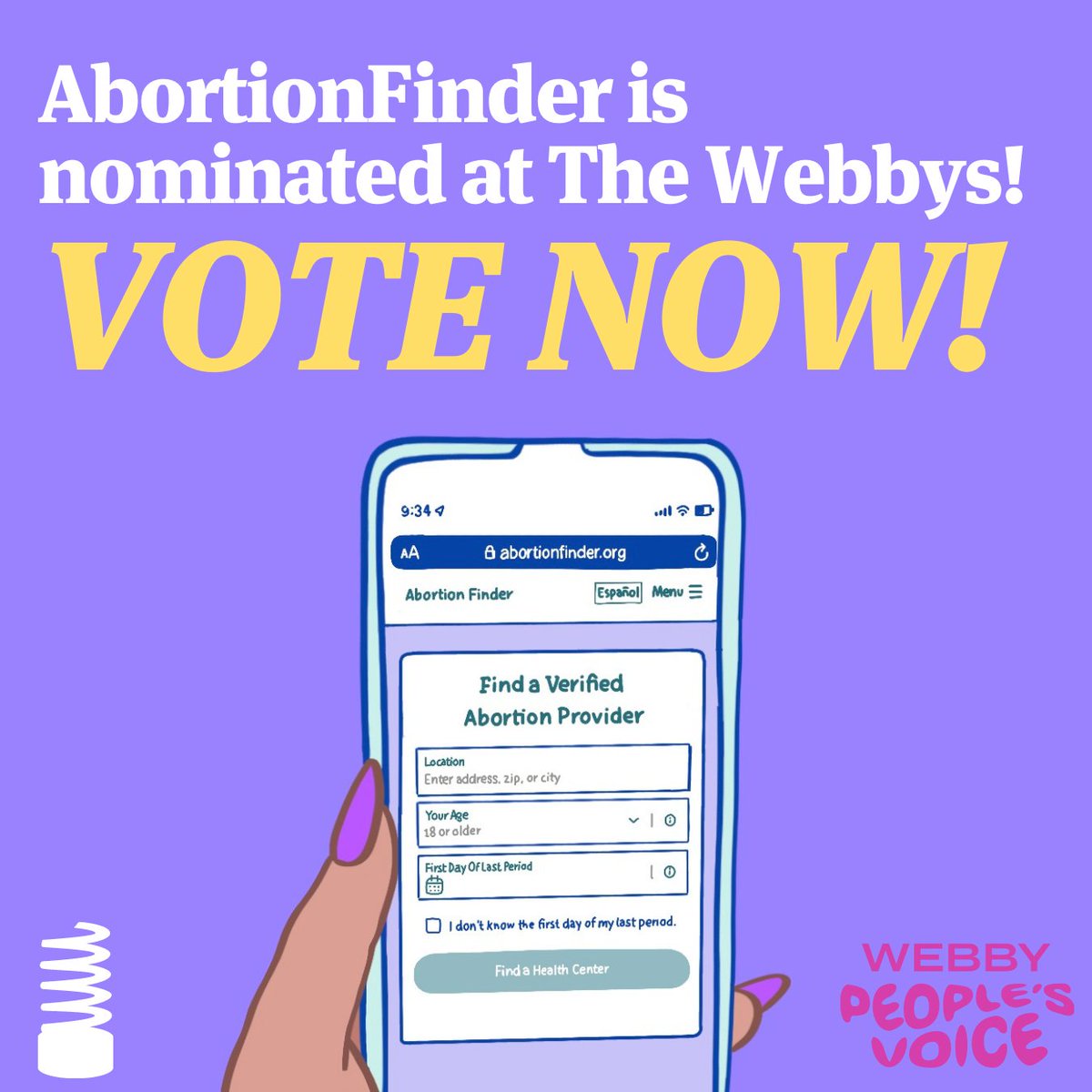 powertodecide's tweet photo. Today is the last day you can cast your ballot for @Abortion_Finder for a #PeoplesChoice win at @TheWebbyAwards! 

Make your voice HEARD &amp; vote now: https://t.co/pqgqH5nHYe https://t.co/wylnbyvIkj