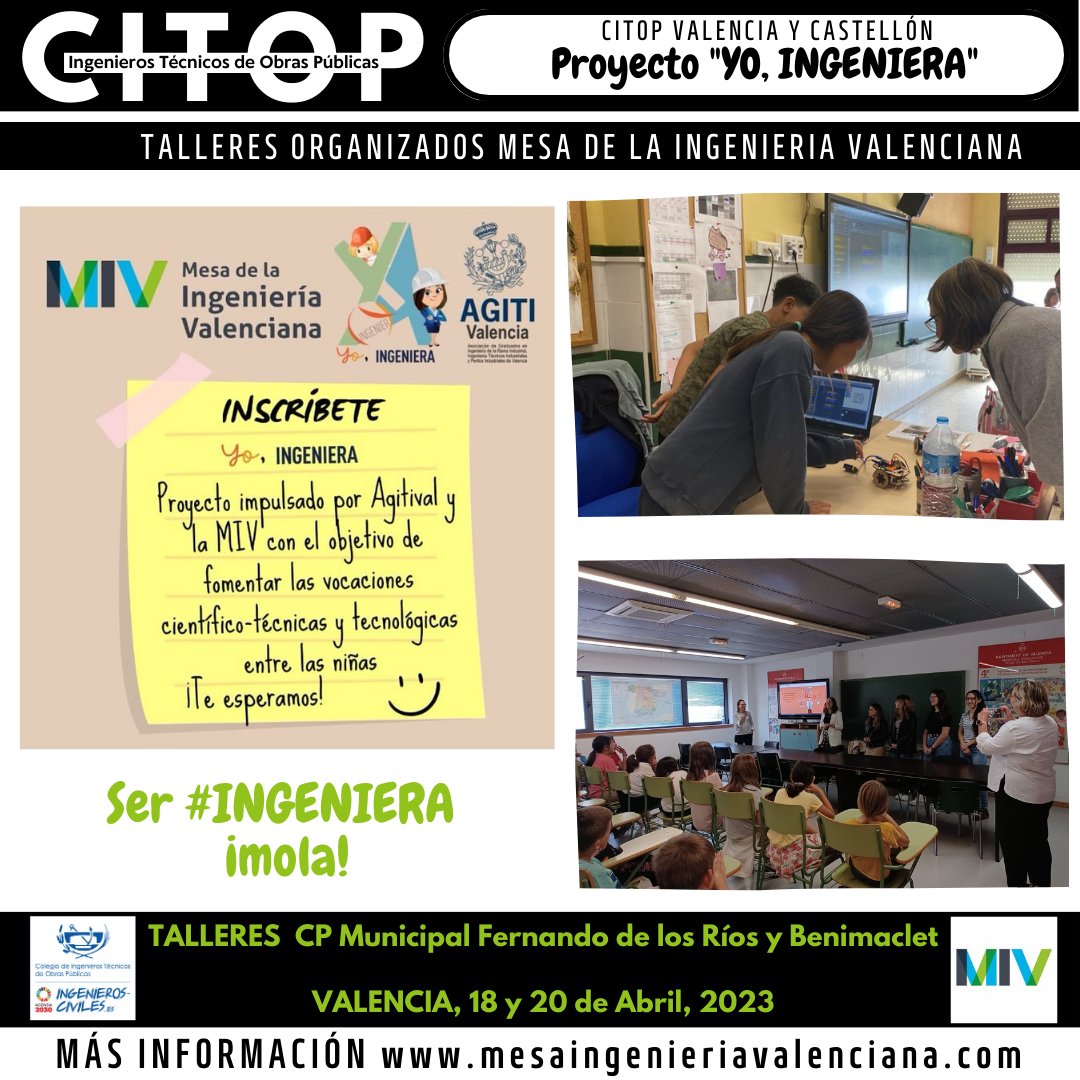 citopcv's tweet photo. @MesaIngValencia Se suma @ppilarpeiro del CITOP-CV al Proyecto #YoIngeniera para enseñar a los más pequeños en los talleres organizados en #colegiospublicos lo divertido que es ser #ingeniera y fomentar la vocación tecnológica entre las niñas https://t.co/XmnuYKntYL