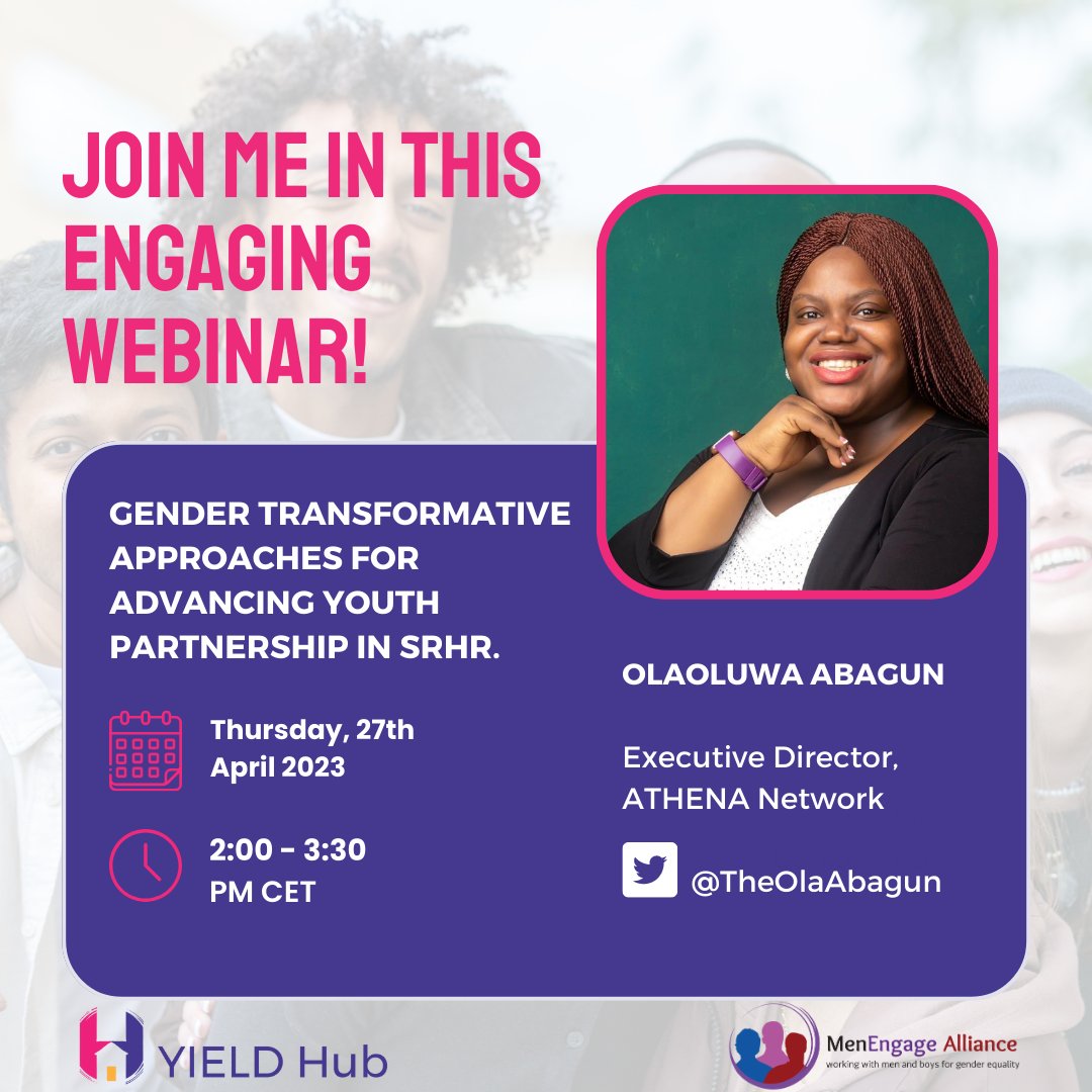 We’re 7 days away from @Hub_YIELD’s upcoming webinar ‘Gender Transformative Approaches for Advancing Youth Partnership in #SRHR. ATHENA’s amazing ED @TheOlaAbagun will be one of the panellists. 27.04.’23 @ 2:00PM SAST/3:00PM EAT Register to join bit.ly/40jw83T