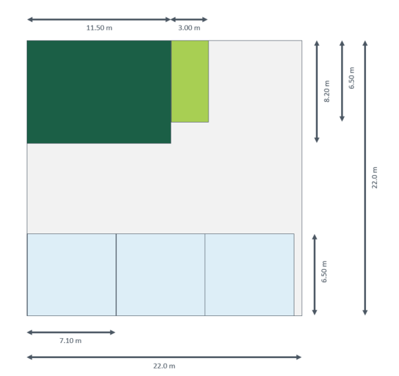Example arrangement of an insect farming plant 🐛

In our example you can see a plant with three climatic chambers and a production volume of 450 tons of fresh larvae per year.

darkgreen - robot 
green - feed kitchen 
blue - climate chambers