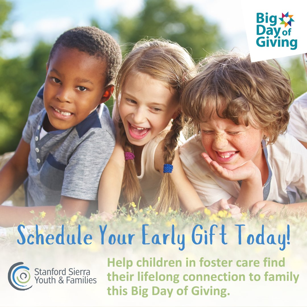 StanfordSierra1's tweet photo. You don't have to wait till May 4th to make an impact this Big Day of Giving. Early giving officially starts today! Schedule your early gift to help a youth in foster care.
https://t.co/E5NA1Hw6zo
#BDOG #Bigdayofgiving #SSYAF https://t.co/mN6B0VdDW2