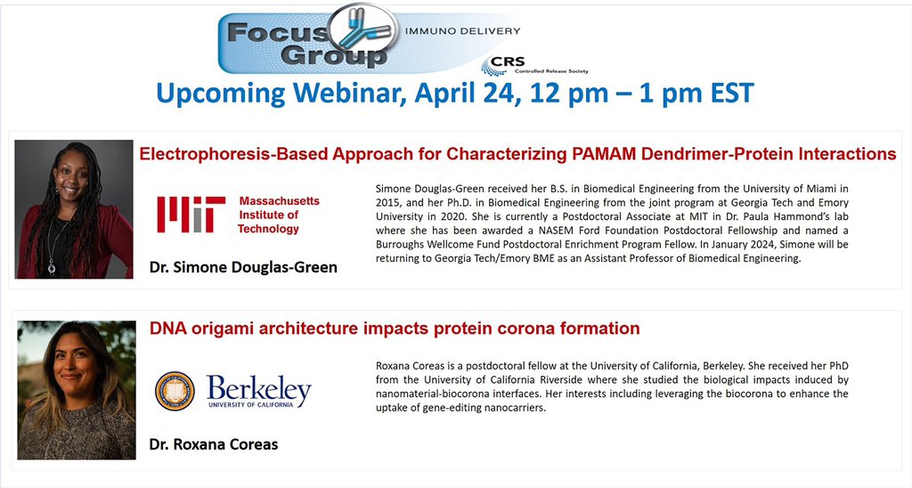 Don’t miss <a href="/CRS_FG_Immuno/">CRS Immuno Delivery</a> Biomolecule Corona Webinar!April 24th 12 pm EST. <a href="/DrBlackBoots/">Dr. Simone A. Douglas-Green</a> and <a href="/RoxCoreas/">RoxanaCoreas</a>. Free Registration link: tinyurl.com/mryvycbv <a href="/CRSScience/">Controlled Release Society</a> <a href="/CRS_FG_BioEng/">CRS Focus Group-BioEng</a> <a href="/CRS_FG_Gene/">CRS Focus Group - Gene Delivery and Gene Editing</a> <a href="/RyanMPearson/">Ryan M. Pearson, PhD</a> <a href="/Abhi_Immuneng/">Abhi Acharya</a> <a href="/LeilaPharmD_PhD/">Leila Arabi (Pharm.D., Ph.D.)</a> <a href="/WyattShieldsIV/">Wyatt Shields</a> <a href="/LisaRVolpatti/">Lisa R Volpatti</a> <a href="/silviajem/">Silvia Sonzini</a>