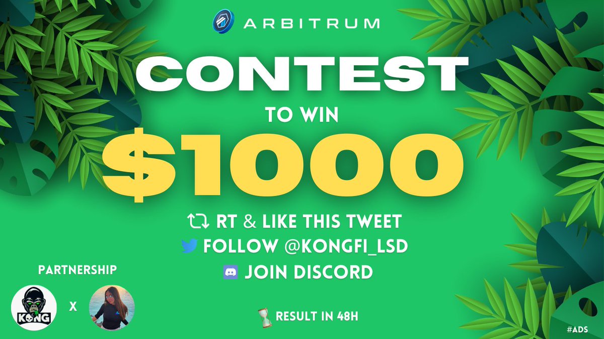 Maria Arbitrum Expert (💙,🧡) (@_mariacoin) on Twitter photo #CONTEST: $1,000 in $ARB or $USDC 🔥
To celebrate the arrival of the Kong test net in a few days, we organize a contest. There will be 4 winners (4x250)🌴
To participate it's simple:
🍌Rt & Like this tweet
🍌Follow <a href="/Kongfi_LSD/">KONG FINANCE 🦍</a>
🍌Join discord : discord.gg/7VSq8HAXT6 #CONTEST: $1,000 in $ARB or $USDC 🔥
To celebrate the arrival of the Kong test net in a few days, we organize a contest. There will be 4 winners (4x250)🌴
To participate it's simple:
🍌Rt & Like this tweet
🍌Follow <a href="/Kongfi_LSD/">KONG FINANCE 🦍</a>
🍌Join discord : discord.gg/7VSq8HAXT6