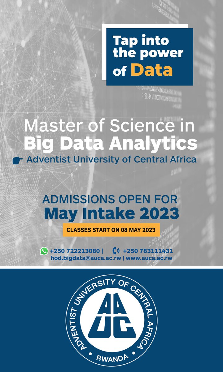 Getting the power of data work for you. An analyst, researcher, planner, statistician, decision maker or dealing with large data sets? <a href="/AUCA_Rwanda/">Adventist University of Central Africa</a> has got you covered. Think big with a MSc in Big Data Analytics #RwOT. See details👇
auca.ac.rw/msc-in-big-dat…
auca.ac.rw/msc-in-big-dat…