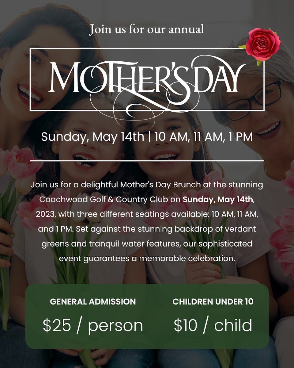 CoachwoodGolf's tweet photo. 🌷🍴🍾 Make this Mother's Day unforgettable! Treat your mom to a scrumptious brunch at Coachwood Golf &amp; Country Club 🏌️‍♀️🌳 on May 14th, 2023. Three seatings available: 10am, 11am, and 1pm. Don't wait - tickets are selling fast! 🎟️👉 #MothersDay
-
https://t.co/QbnuU9l7Qr https://t.co/oJa3lEbWdN