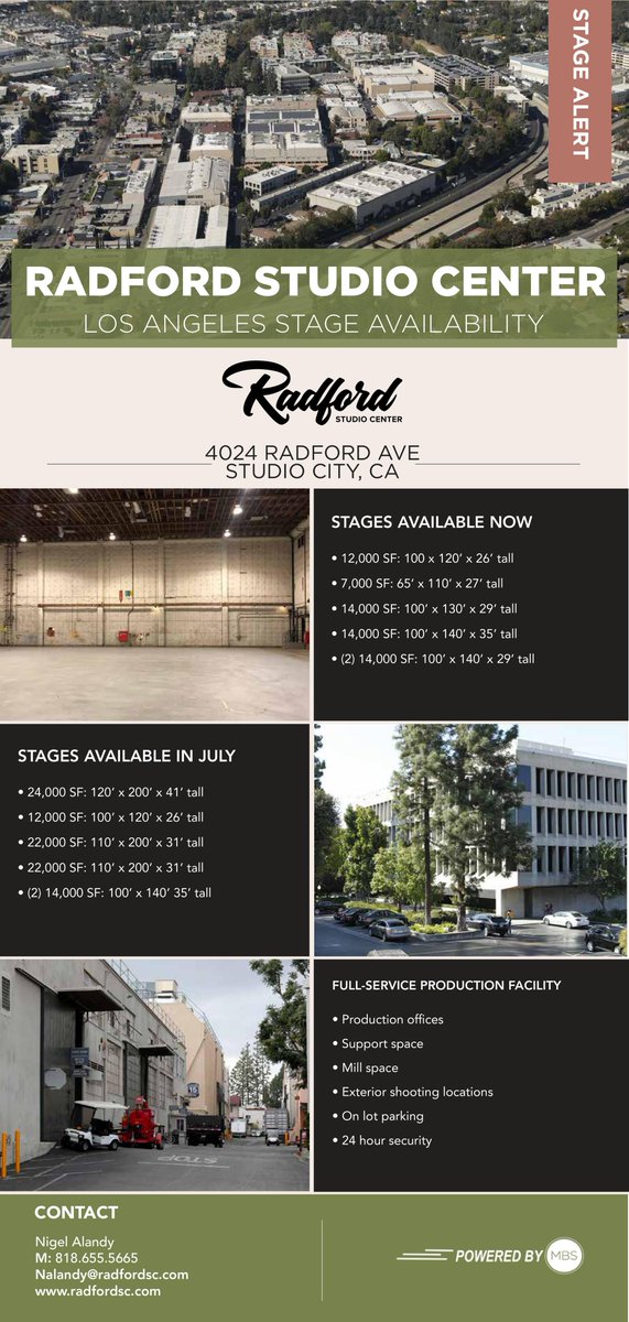The MBS Group (@the_mbsgroup) on Twitter photo Available at Radford Studio Center!
Multiple stages spaces ranging from 12K- 24K SQ FT
Featuring tall ceilings
Flexible production support spaces
Coveted location
24/7 secure lot with ample parking
Nigel Alandy
M: 818.655.5665
Nalandy@radfordsc.com
radfordsc.com Available at Radford Studio Center!
Multiple stages spaces ranging from 12K- 24K SQ FT
Featuring tall ceilings
Flexible production support spaces
Coveted location
24/7 secure lot with ample parking
Nigel Alandy
M: 818.655.5665
Nalandy@radfordsc.com
radfordsc.com