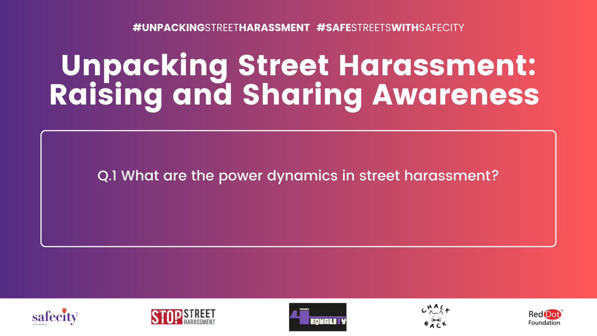 TheSafecityApp's tweet photo. Let’s begin with the first question.

1. What are the power dynamics in street harassment?

- You can tweet your answers with the question number (e.g. A1, A2, A3)

- Use the hashtag #UnpackingStreetHarassment 

#SafeStreetsWithSafecity https://t.co/FDuOM4deve