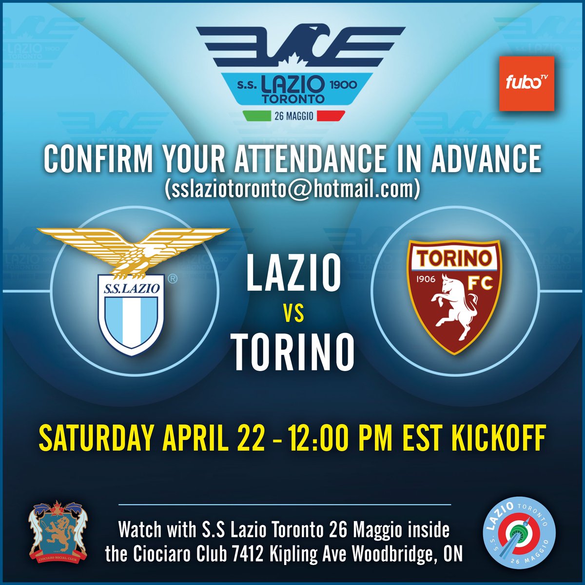 LazioToronto's tweet photo. 💙#LazioToronto Turnout 4:
⚽#𝐋𝐚𝐳𝐢𝐨Torino
⌚𝟷𝟸ᴘᴍ ᴇsᴛ
📍ᴄɪᴏᴄɪᴀʀᴏ sᴏᴄɪᴀʟ ᴄʟᴜʙ
🦅 SFL

#LazioTorino| #CmonEagles | #SSLazio1900 | #LazioFans https://t.co/3Xy8Xlg7AR