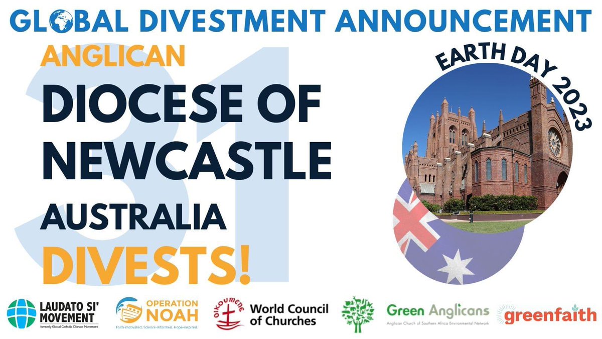 Congratulations to the 31 faith institutions that joined today's Global Divestment Announcement, including the Diocese of Newcastle in Australia! Faith groups have divested from fossil fuels more than any other sector. Details: operationnoah.org/featured/press… #NoFaithInFossilFuels