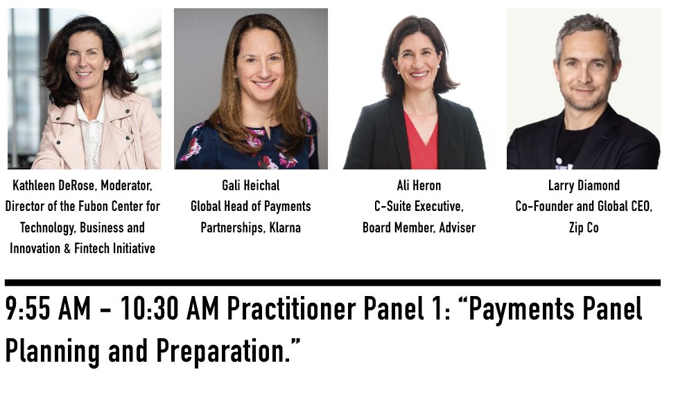NYUSternFC's tweet photo. Tomorrow 9:55AM-10:30AM EST! Insights on AI and tech innovation in payments. Gali Heichal, @Klarna; Ali Heron, and @larrydiamond01, Zip Co. Moderated by Kathleen DeRose @NYUStern Fubon Center. https://t.co/z3JpbnWBjB #sternfintech https://t.co/vndnjQ7l52