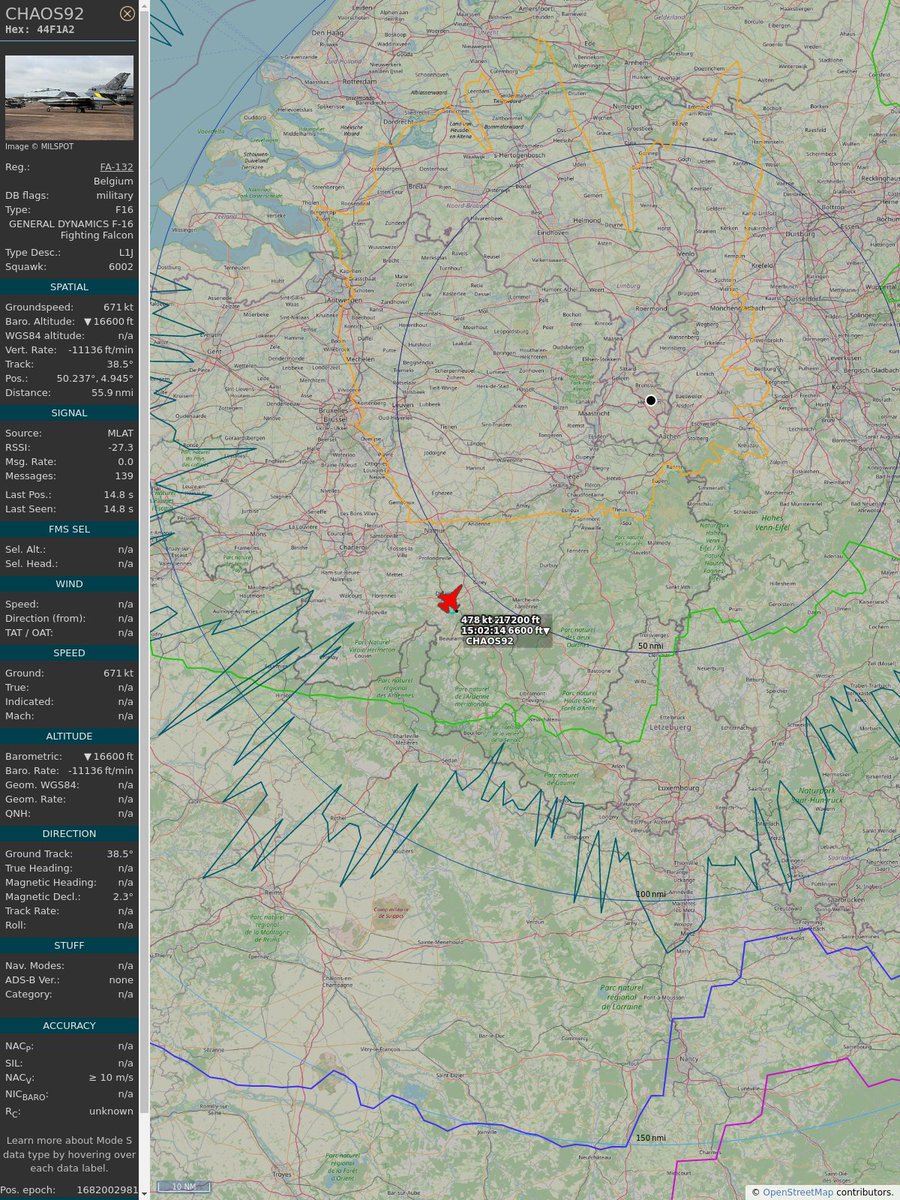 AboveHeerlen's tweet image. #PlaneAlert ICAO: #44F1A2 Tail: #FA132 Flt: #CHAOS92 
Owner: #BelgianAirComponent
Aircraft: #F-16 Fighting Falcon
2023/04/20 17:02:26
#F16 #Mil #YouJustLostARefinery #FighterJet #Luchtcomponent #OtherAirForces youtu.be/DyruzLjVwbc?t=… 
globe.adsbexchange.com/?icao=44F1A2&amp;amp;s…