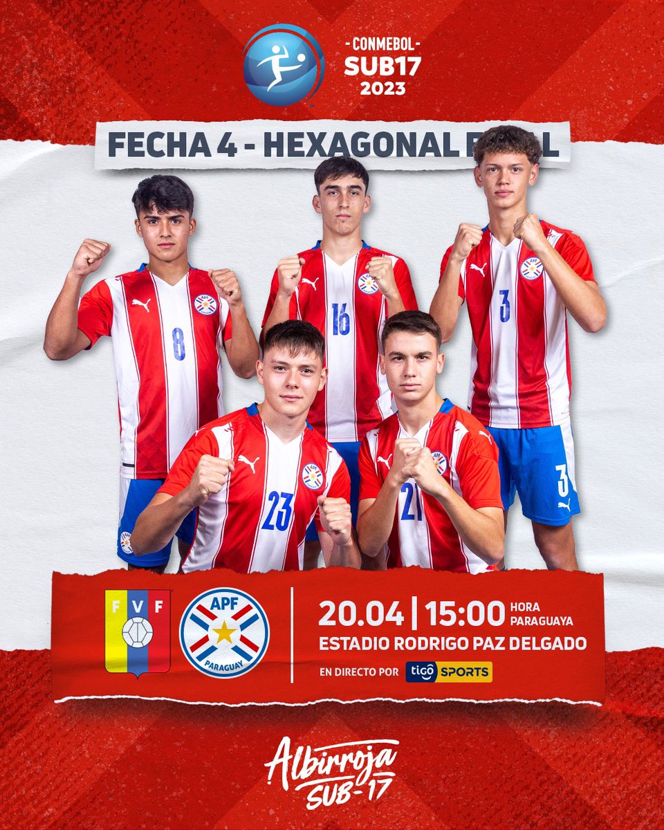 #Hoy
#ConmebolSUB17
#HexagonalFinal

Venezuela🇻🇪 🆚 #Paraguay🇵🇾
15:00 hs por #TigoSports