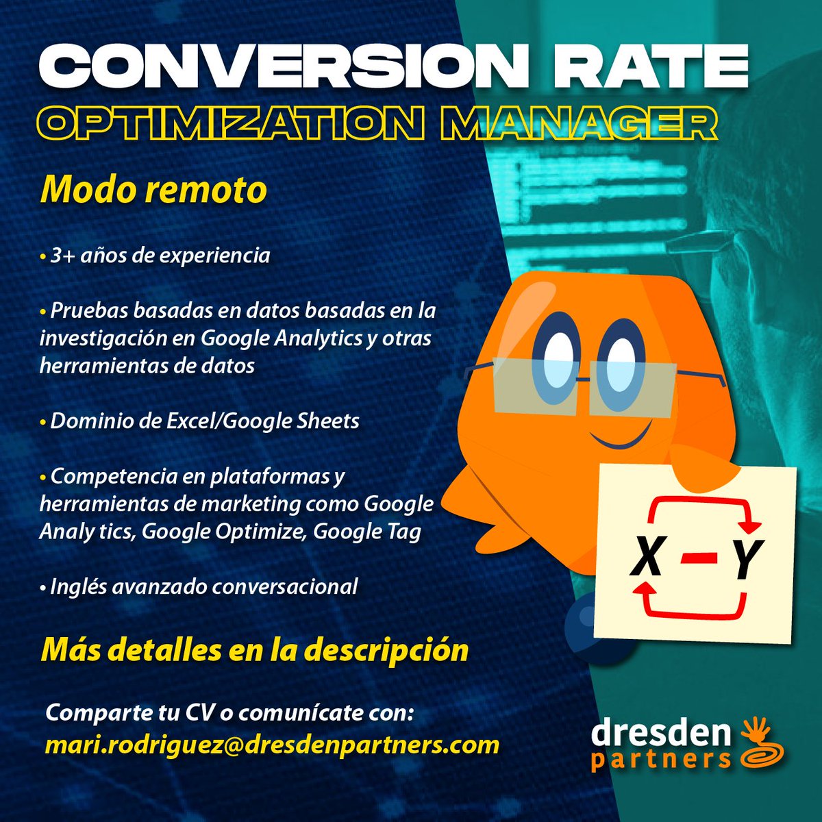 DresdenPartners's tweet photo. ✅Contamos con una vacante para Conversion Rate Optimization (CRO) Manager, en modo remoto: https://t.co/t5i3ajld0R

✅ Envía tu CV y consulta más detalles con María Elisa Rodríguez:
https://t.co/8YtOtGCrQr

#EmpleosTI #ITJobs #BolsasDeTrabajo #DresdenPartners #Mexico #VacantesTI https://t.co/UiNqZNyh3u