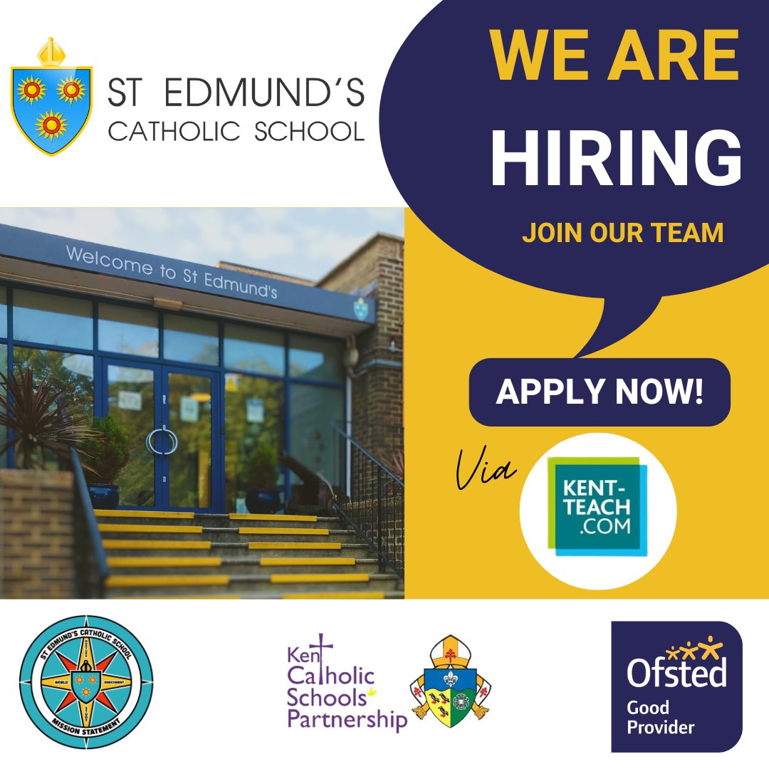 **We are Recruiting** visit our school website or apply via Kent Teach. @stedmundssch instagram.com/p/CrQxUs7MY1n/… 
#recruiting #jobsinkent #teachingjobs #jobsineducation #doverjobs