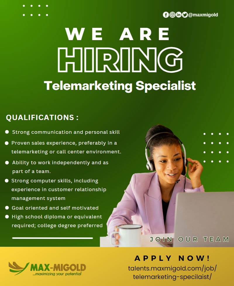 Dial, Talk and Earn.

Max-Migold Limited is looking for passionate Telemarketing Specialists who are great at selling over the phone.

Click the link below to apply and start earning big bucks! talents.maxmigold.com/job/telemarket…

#MaxMigold #TelemarketingJobs #HiringNow #JobsInNigeria