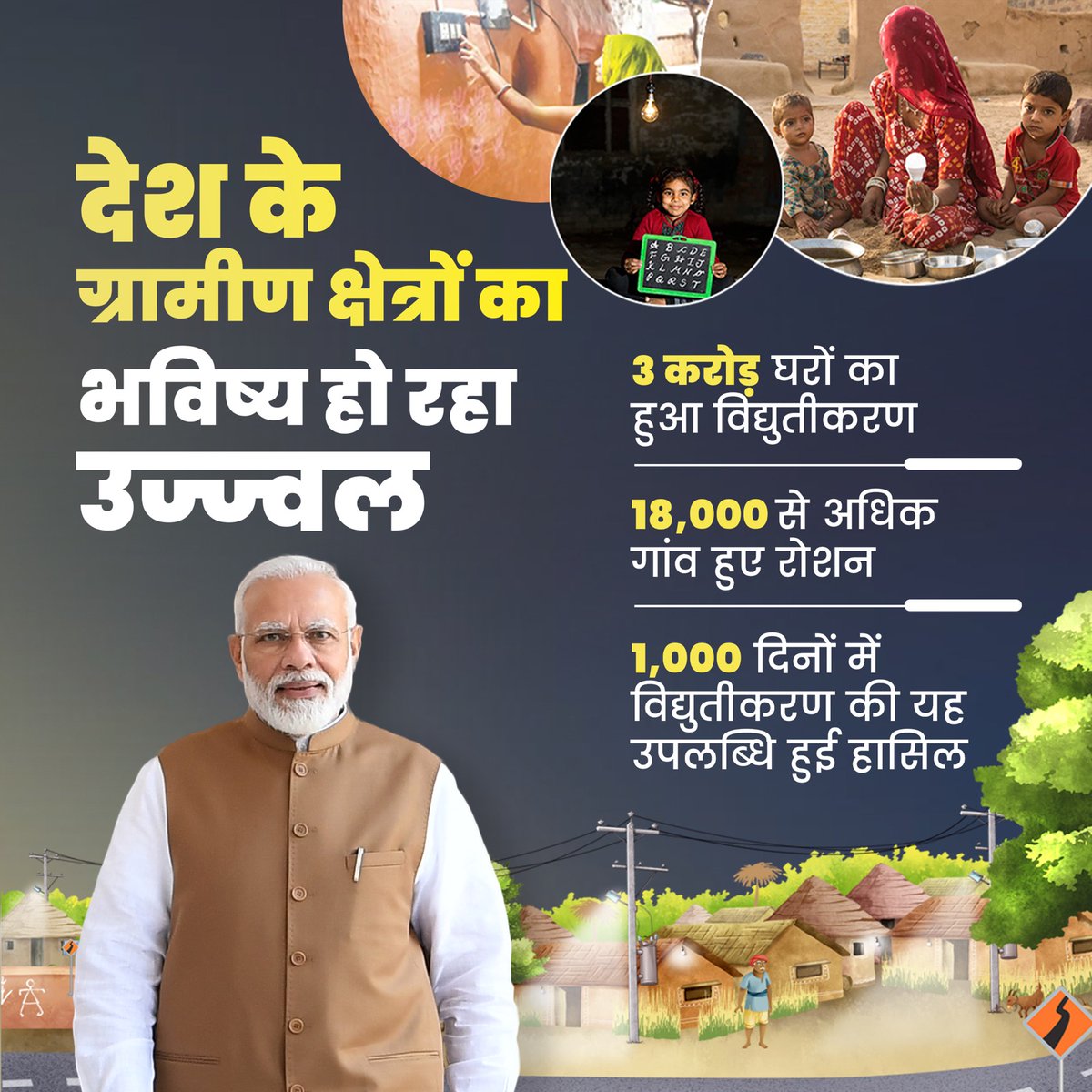 BJP4India's tweet photo. नए भारत में गांव-गांव तक पहुंच रही विकास की रोशनी!

3 करोड़ घरों का हुआ विद्युतीकरण।
 
अंधेरे में डूबे 18 हजार से अधिक गांव हुए रोशन। https://t.co/WbZCGZW2Fb