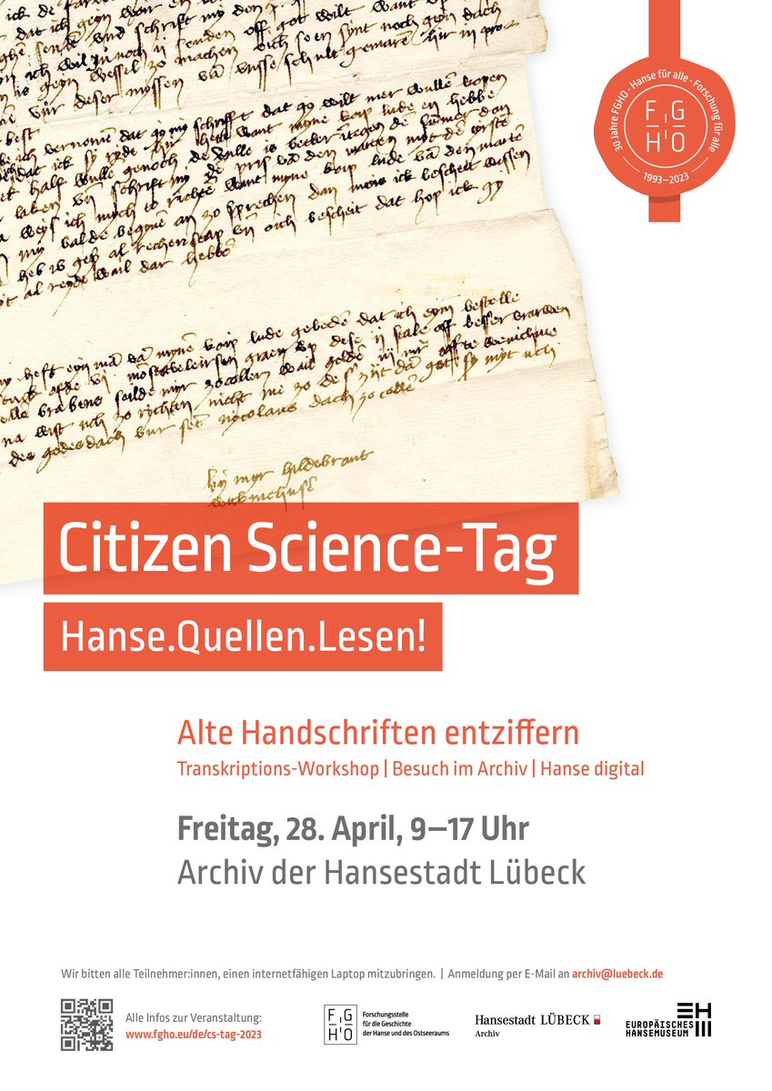 📌Save the Date: Hanse.Quellen.Lesen - 28. April im #StadtarchivLübeck
Ihr wollt alte Handschriften entziffern, mehr über digitale Textbearbeitung lernen und das Archiv erkunden? 
👉Dann macht mit bei unserem 3. #CitizenScience Tag! Anmeldung per Mail an archiv@luebeck.de