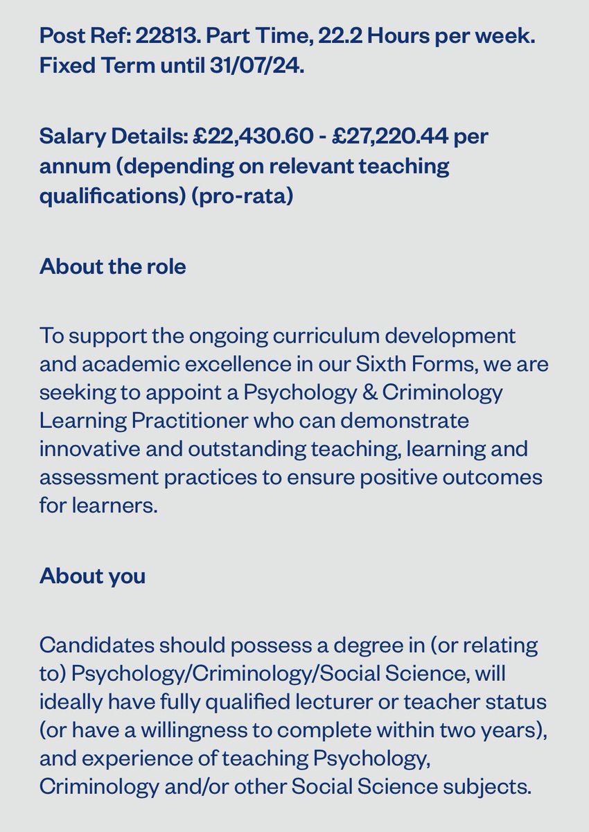 A fantastic opportunity to join <a href="/Sun6thSunColl/">Sun6thSunColl</a> as a Psychology &amp; Criminology Learning Practitioner - all applications &amp; enquiries welcome, from experienced practitioners and NQTs. Please send me a message with any queries.
Visit sunderlandcollege.ac.uk for further details.