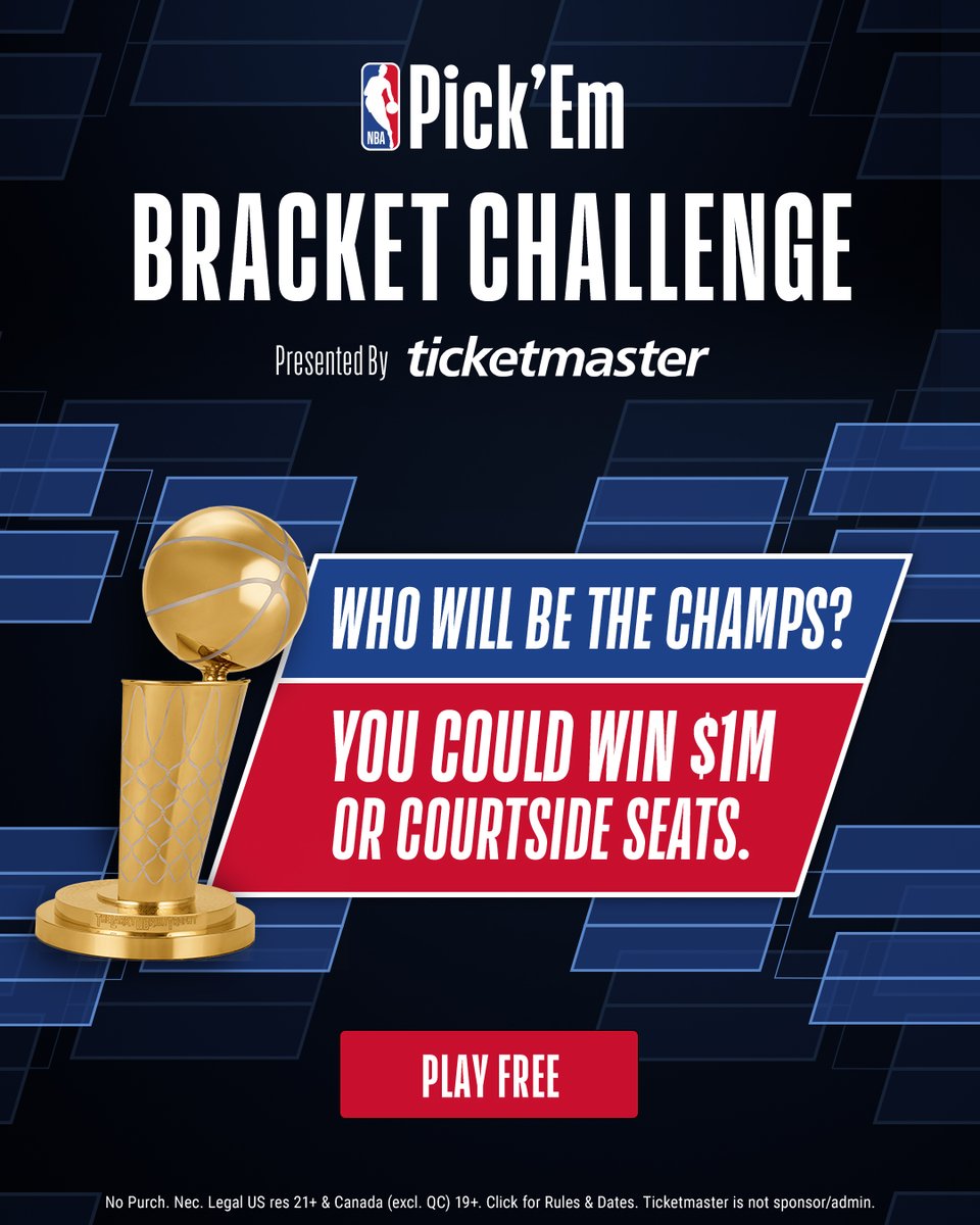 NBA's tweet photo. $1 million dollars and courtside seats are on the line!

Make your picks with NBA Pick’Em Bracket Challenge presented by @Ticketmaster for your chance to WIN big and make sure to watch Round 1 starting April 15! NPN.

Click for rules &amp; entry dates: https://t.co/1l1SglzPPi https://t.co/0unUOZL2em