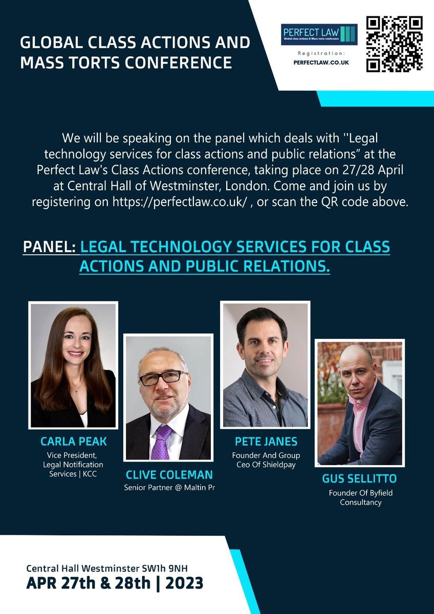 Delighted to be part of this panel at the Global Class Actions and Mass Torts Conference. Our session will look at how most effectively to address the PR challenges and opportunities that occur in the life cycle of a case. Sign up details below.