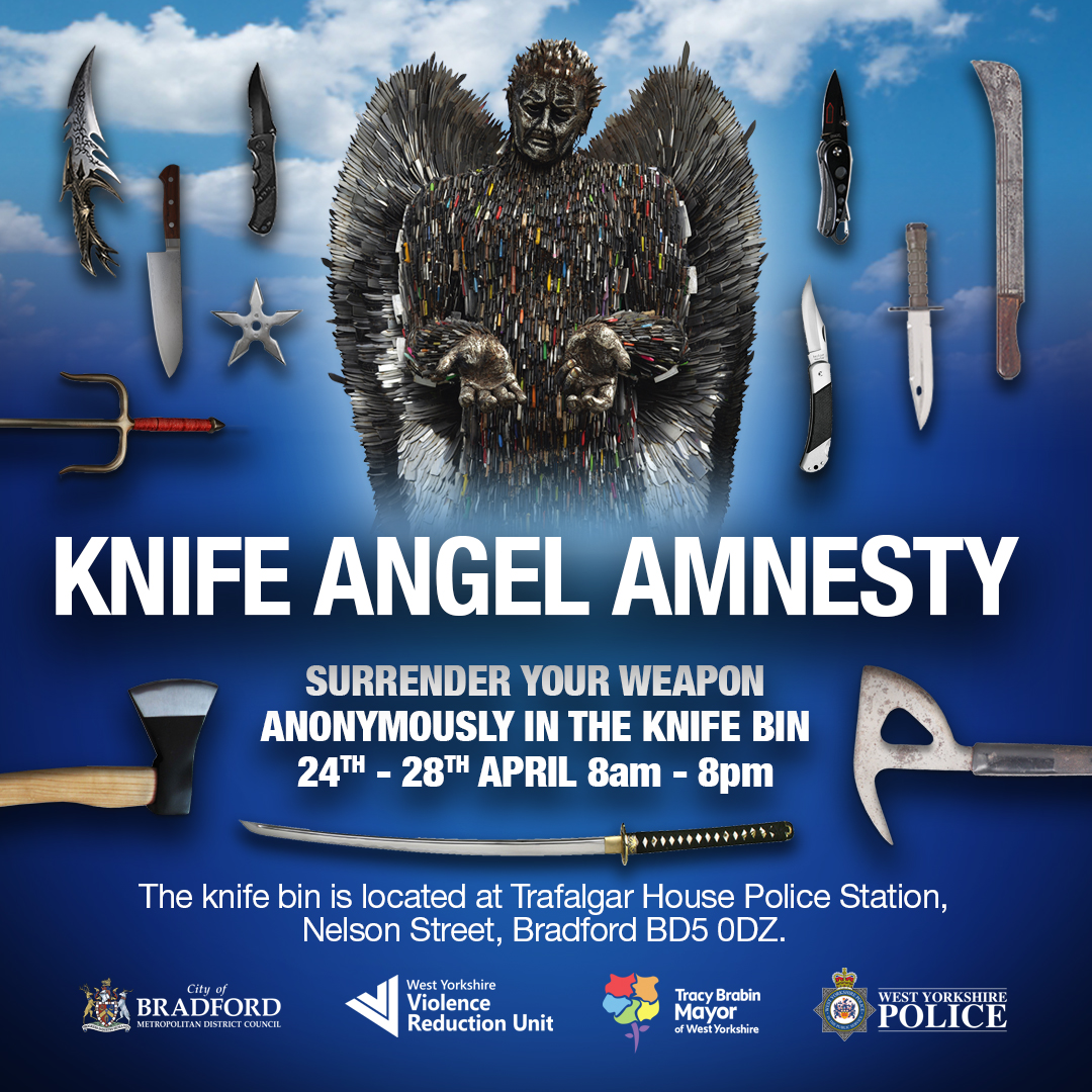WYP_BradfordC's tweet image. As part of the #KnifeAngel coming to Bradford, police in the City are holding a Knife Amnesty at Trafalgar House Police Station next week. 

The knife bin is for anyone who wants to dispose of bladed weapons and other offensive weapons. 1/2