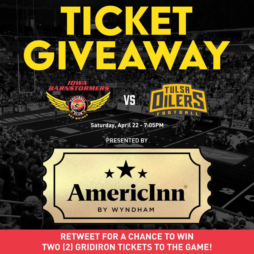 iabarnstormers's tweet photo. The Barnstormers host @tulsa_oilers_fb Saturday, April 22 at Wells Fargo Arena! Enjoy $2 beers through the first half  &amp; the first 1,000 fans get a FREE T-Shirt from Scrap Processors, Inc! 

🎟️https://t.co/3kIt0YUeEB 

RT to be entered to win 2 Gridiron tickets from AmericInn! https://t.co/0u5Wb79CLW