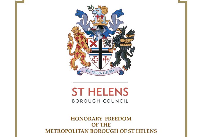 How the official Freedom of the Borough Scroll looks - with the St Helens Borough Crest at the top with Honorary Freedom of the Metropolitan Borough of St Helens written underneath