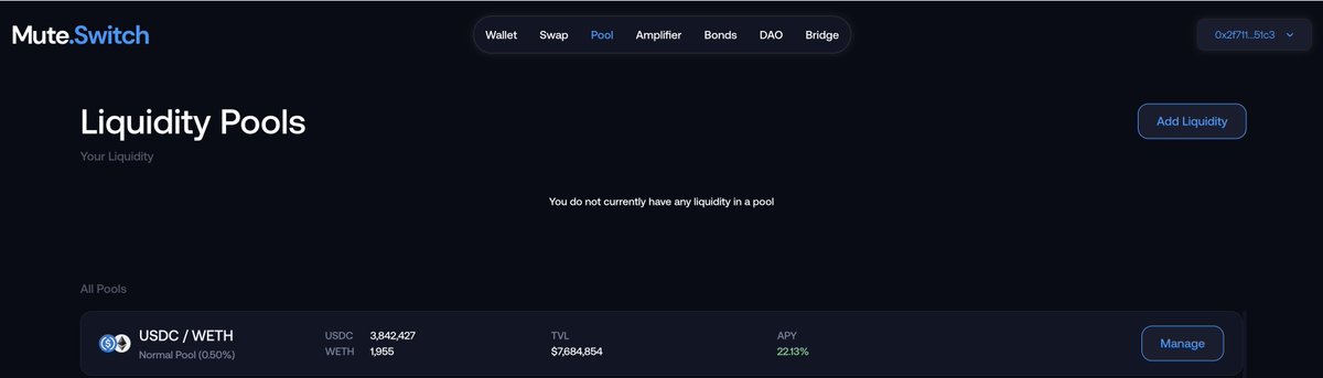 For LPs looking for deep ETH/USDC liquidity on <a href="/zksync/">ZKsync</a> Era, this is a nice pool on <a href="/mute_io/">Mute.io Official</a>. 

🫡 app.mute.io/pool
