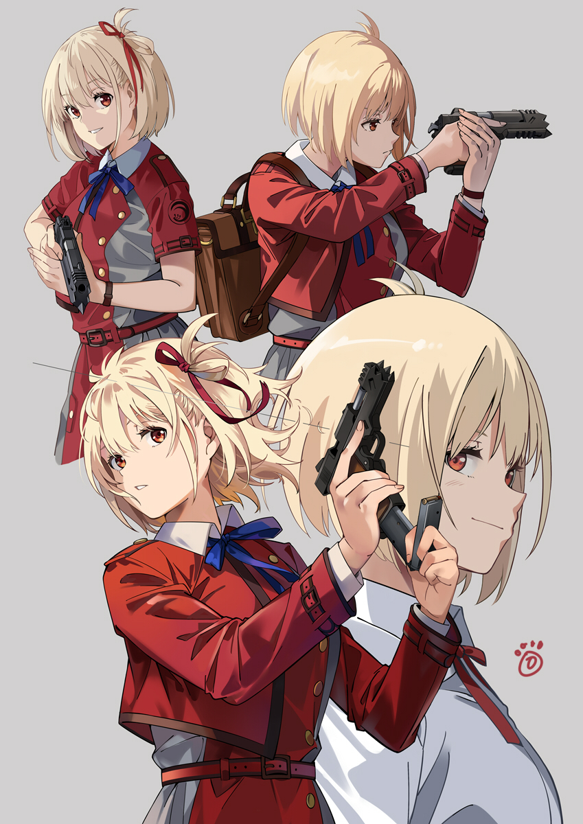 inoue takina weapon gun long hair lycoris uniform holding 1girl holding weapon  illustration images