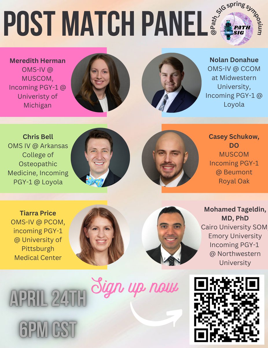 Attention #pathmatch2024 &amp; all aspiring pathologists everywhere: catch up with our #pathmatch2023 panelists on 4/24 &amp; learn all their tips &amp; tricks for matching into pathology! 
Ask questions: forms.gle/nBJfwYJbqrBB3f…
Sign up: msu.zoom.us/webinar/regist…
#PathTwitter #springsymposium