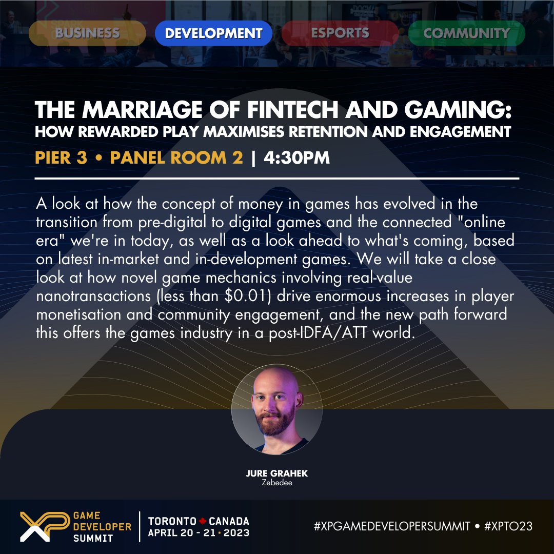 zbdpay's tweet photo. Who's ready for @XPGamingInc? 👀

ZEBEDEE's Head of Strategic Initiatives, Jure Grahek will share his insights on how rewarded play maximises retention and engagement 📈

🗓️ See you today @ 4:30pm EST!
#XPGameDeveloperSummit #XPTO23 https://t.co/f7MlhDGtlU