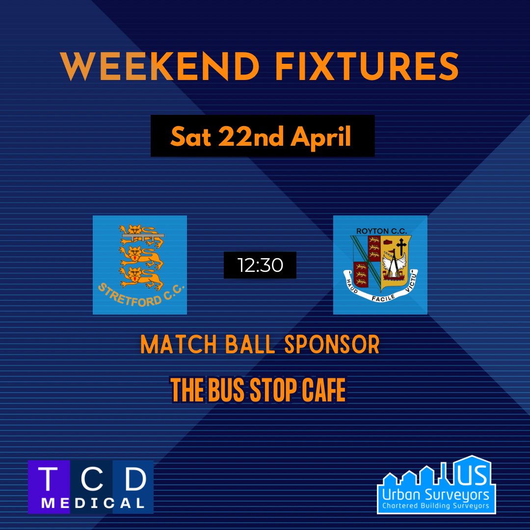 Stretford_CC's tweet photo. And here we go…🏏

The season kicks off this Saturday and the 1st XI start at home to @RoytonCc 

⏰12:30 Start

With thanks to our Match Ball Sponsor - The Bus Stop Cafe

Bar open all day followed by Quiz Night

Up the Strets! 🟡🔵 https://t.co/sHUNZTll1a