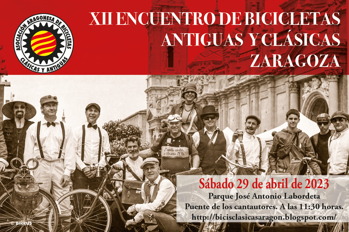 BiciClasiAragon's tweet photo. Ya tenemos el cartel para el Encuentro.
El próximo sábado 29 de abril os esperamos con vuestras bicis y vestimentas de época, a las 11:30 h como siempre en el puente de entrada al Parque José Antonio Labordeta de Zaragoza 🙂 
#bicicleta #bicisantiguas #bicisclasicas https://t.co/sWBE75SVEg