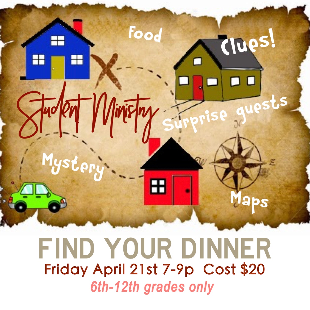 NSCC411's tweet photo. Tomorrow Night, April 21st, don't miss our Student Ministry Find Your Dinner event! Mystery, clues, and mayhem will be our guide as we drive around (aimlessly at times) looking for dinner! $20/student, meet @ the church @ 7p, invite friends, RSVP: https://t.co/T59RBX52Pp https://t.co/Ww7tMpZvay