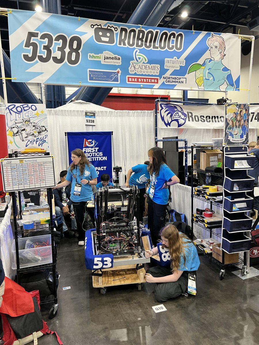 Raptor Rivets in the pits ready for 1st day of competition at #FIRST Championship! Representing <a href="/LCPS_Academies/">Academies of Loudoun</a> RoboLoCo #FRC5338 #FIRSTChesapeake #FIRST 
#robotics #STEM #omgrobots #FRC #FTC #chargedup #powerplay #firstenergize