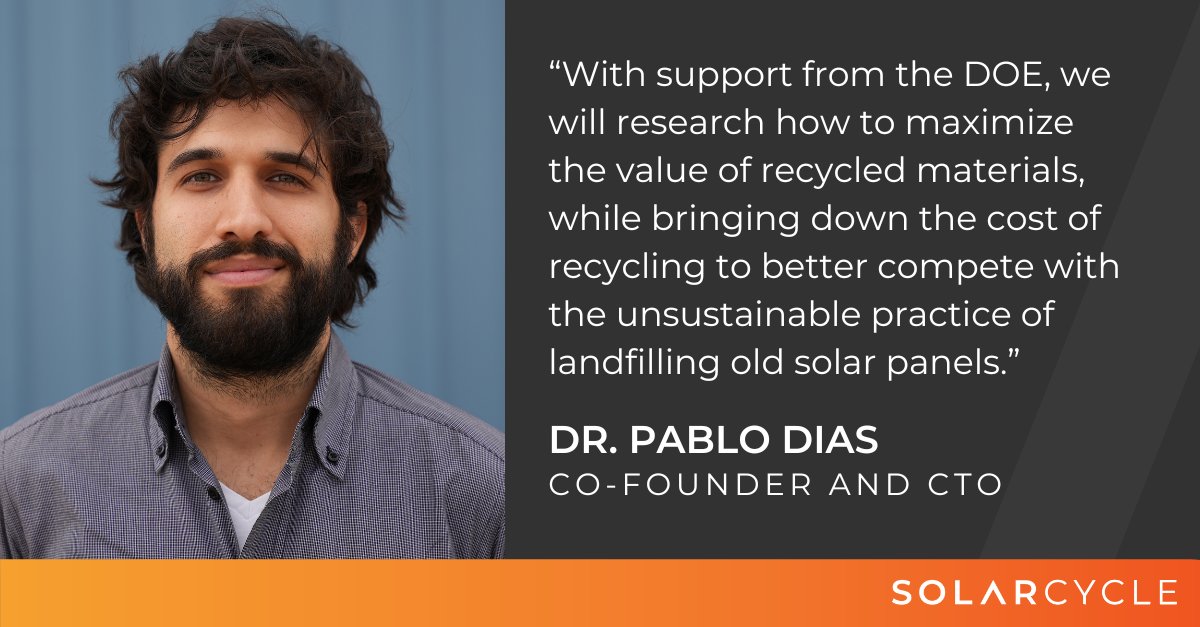 Big news! <a href="/ENERGY/">U.S. Department of Energy</a> announced it has awarded SOLARCYCLE and @NREL funding to study how to extract higher-quality and higher-purity metals and materials from recycled solar panels for reuse in domestic solar manufacturing. solarcycle.us/press-releases…