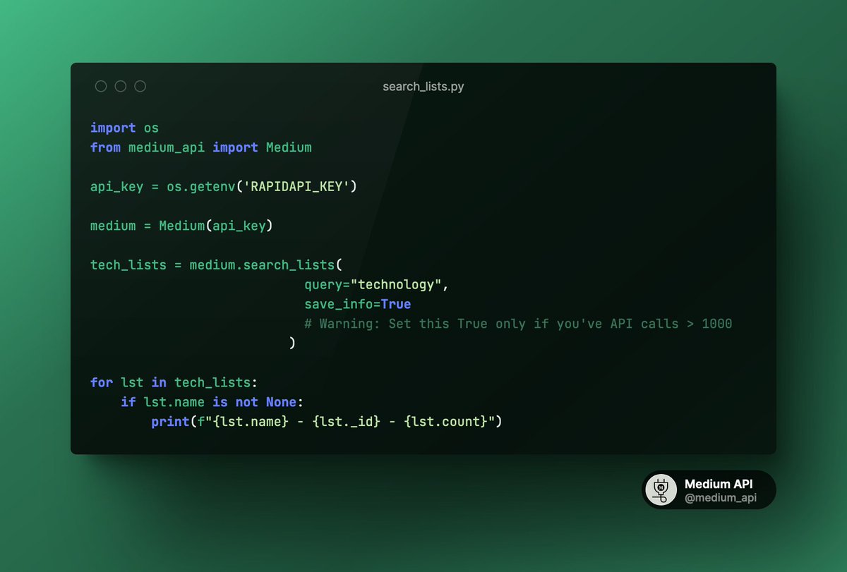 medium_api's tweet image. Search Medium Lists Using Python ๐ โ
Just enter the query of what you're looking for, and see the magic!
#buildinpublic #MediumAPI