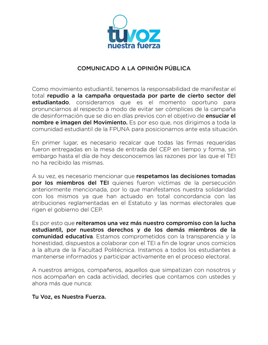 TVNFPUNA's tweet photo. 🔵COMUNICADO A LA OPINIÓN PÚBLICA🔵

#TuVozNuestraFuerza https://t.co/RhFKtrWpDW