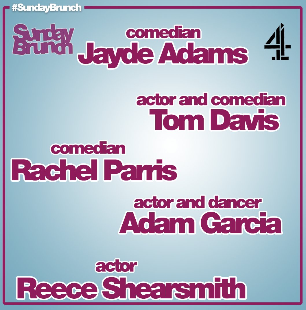 SundayBrunchC4's tweet photo. On this weeks #SundayBrunch we have guests @jaydeadams, @BigTomD, @rachelparris, @ThatAdamGarcia, @ReeceShearsmith, #GuentherSteiner 🤩 Guest chef @sabrinaghayour 👩‍🍳 Food from @adria_wu 🥗 Drinks from #OlivierWard🍸 Music from @entershikari🎶 Join us Sunday at 9:30am on @channel4 https://t.co/HTyDMVsgJf