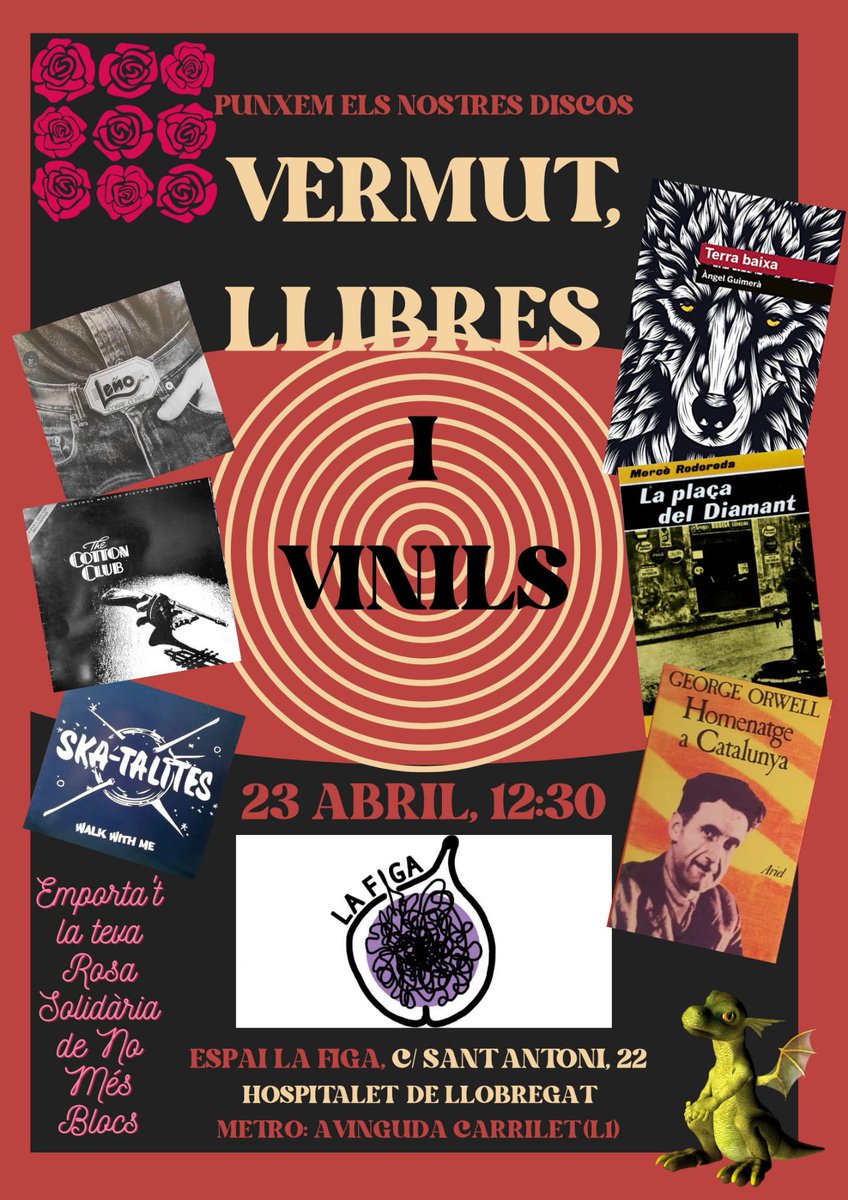 La_Figa_'s tweet photo. 📢Aquest #SantJordi 2023 ho celebrem a @La_Figa_ amb:

📚Mercat d'intercanvi de llibres
🎶Punxada oberta de vinils💽
🧶Mercat d'artesania
🌹 Roses de #SantJordi (per finançar la lluita de @NoMesBlocs)
💃Súper Vermut musical🕺

Us hi esperem‼️
#FemCultura #FemBarri #LHospitalet https://t.co/SC7YDiR982