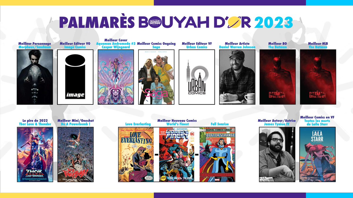 La semaine dernière c’était le bilan avec les Bouyah d’Or 2023 en public, avec un palmarès 5 étoiles 👌

Félicitation encore aux gagnants, notamment <a href="/danielwarrenart/">Daniel Warren Johnson</a> <a href="/JamesTheFourth/">James Tynion IV</a> et <a href="/therightram/">Ram V</a> ! 🏆