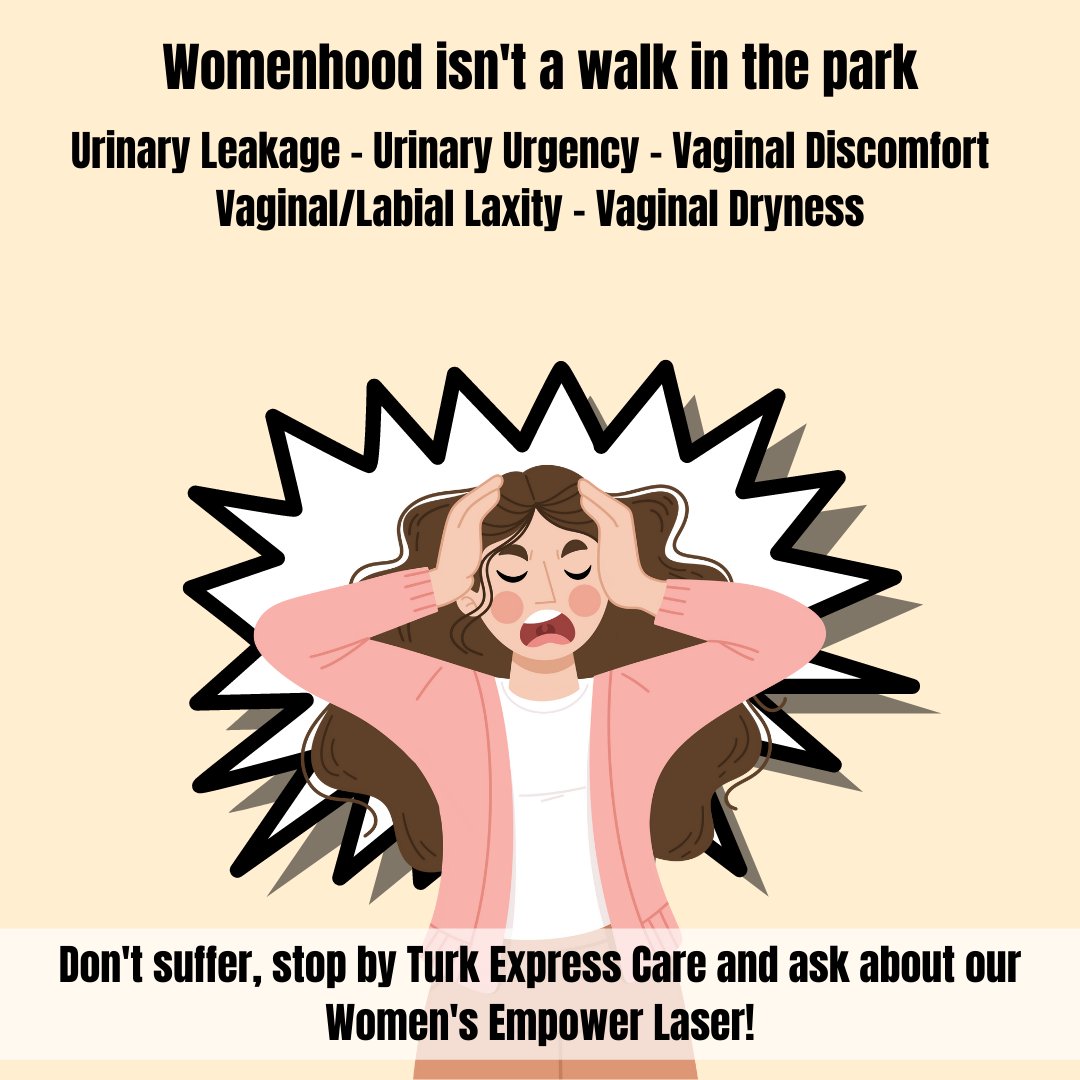 turkexpresscare's tweet image. Do you suffer from any of these ailments? We can help! Schedule a consultation today to see if you're a candidate for our Women's Empower Laser. 
Available only at the Granbury location.
#women #empower #laseraesthetics #turkexpresscare #granbury