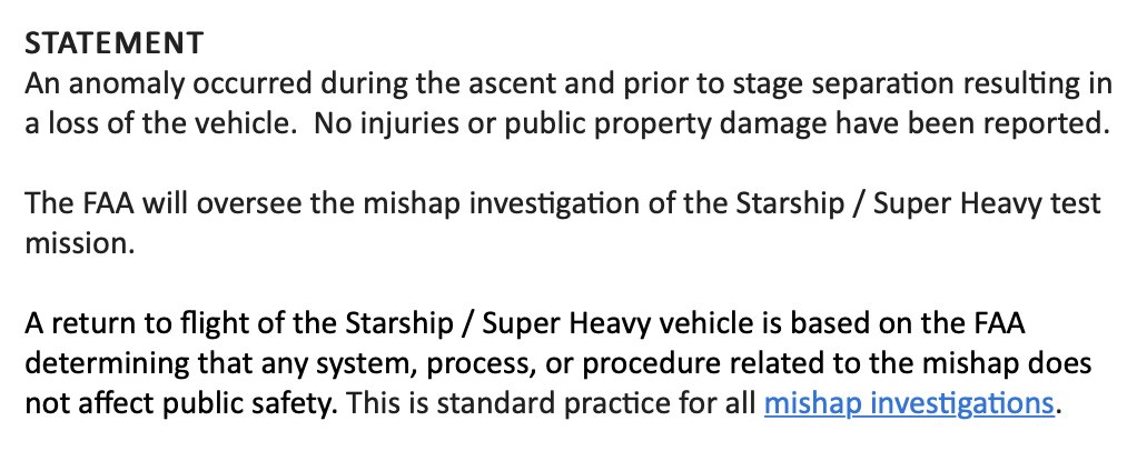 FAA Statement on <a href="/SpaceX/">SpaceX</a> Starship Flight Test.