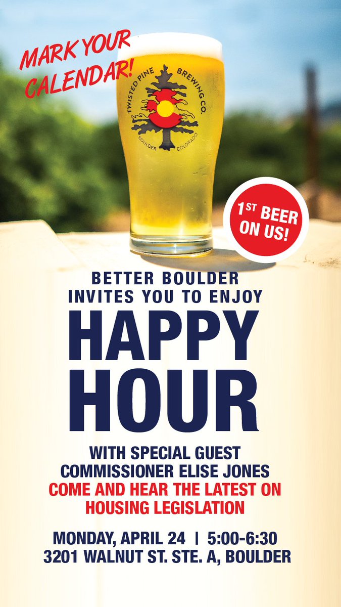 ABetterBoulder's tweet photo. Join us at a Better Boulder happy hour Monday, 4/24 5PM at Twisted Pine Brewing Company!

We'll talk about Colorado's statewide housing bill and meet &amp; greet board members https://t.co/VdDtfKkDWS