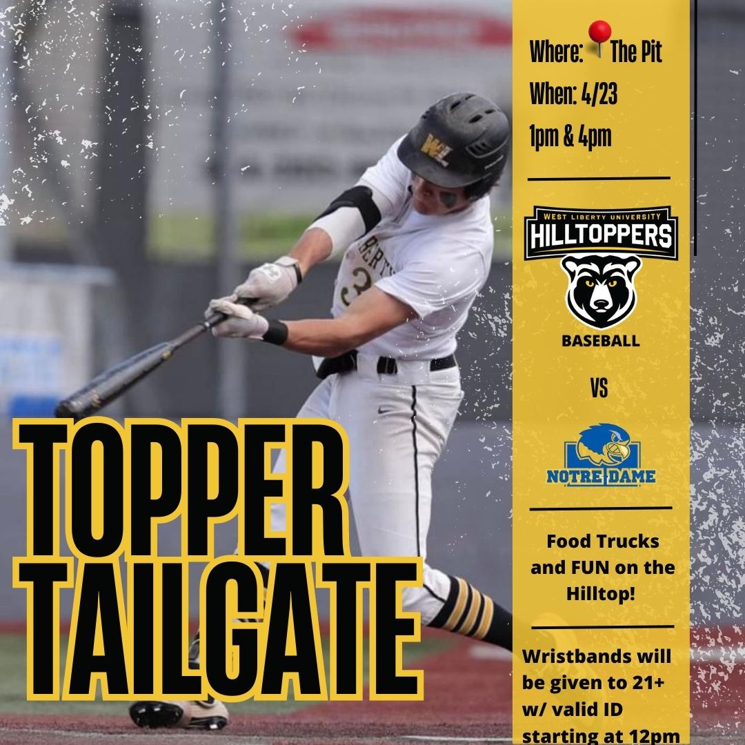 WLathletics's tweet photo. 🚨 Schedule Change for WLU Baseball 🚨

The West Liberty/Notre Dame baseball series is moved to Sunday (4/23) &amp; Monday (4/24)

🗣Baseball, food trucks and fun scheduled for Topper Tailgate on Sunday. Activities begin at Noon.

Hope to see you at The Pit! @ToppersBaseball https://t.co/efTGZs0LQs
