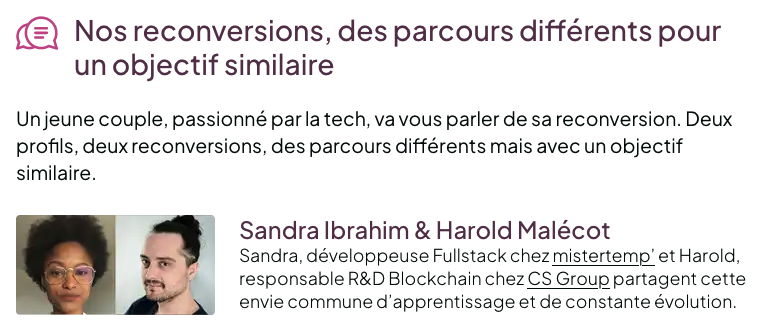 SudWeb's tweet image. Petit tour du programme : Nos reconversions, des parcours différents pour un objectif similaire, par Sandra Ibrahim &amp;amp; Harold Malécot, à #SudWeb 2023 

C&apos;est à Sud Web, uniquement :  sudweb.fr/2023/ #Reconversion