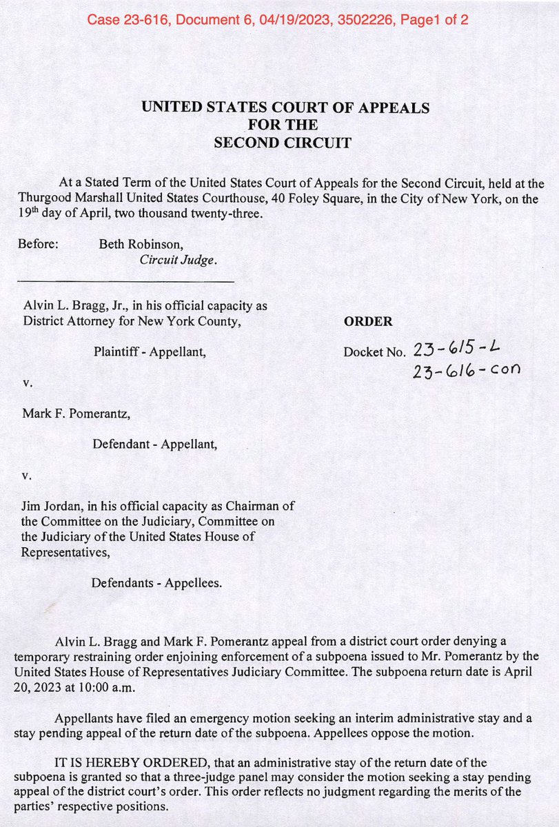 mrddmia's tweet photo. Now Bragg is doubling-down on his (laughable) legal strategy.

Last night, Bragg ran to Judge Beth Robinson, a new activist Biden judge on the Second Circuit (and former Hillary Clinton delegate to the DNC).

And Judge Robinson (somehow) ordered the House Judiciary Committee to delay the staff deposition of Mark Pomerantz, Bragg's former employee who wrote a tell-all book of his grievances.

All this means is Bragg is going to get a very bad appellate ruling.

Either by the Second Circuit, if they do their job.

Or the Supreme Court.

There is no question the House has oversight power over the federal purse and presidential election laws.

Why is Bragg so terrified of sunlight?