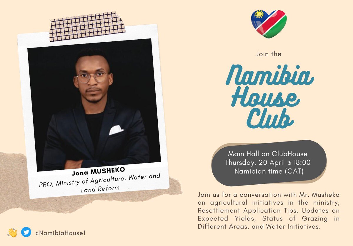mushekojona's tweet photo. Tonight on Clubhouse @Namibiahouse1 at 18h00, I’ll be sharing information on Agri initiatives by @MAWLR_Nam to support farmers, what to know when applying for resettlement farms, water initiatives to address water challenges etc.
Do tune in… https://t.co/IuHuggE72H
