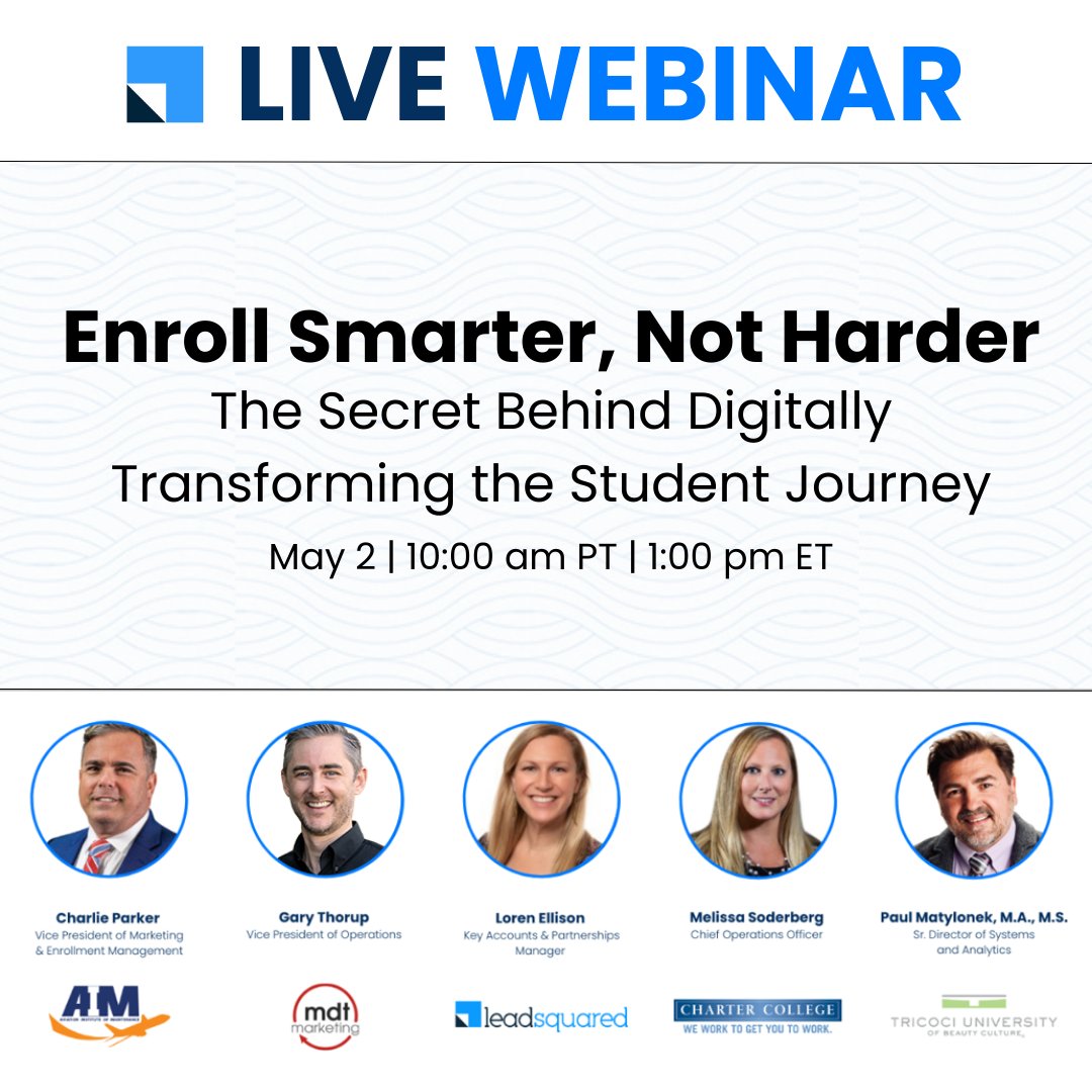Student Journey Mapping + Innovation = 
Enrolling Smarter, Not Harder. 
Webinar by @LeadSquared 
Speakers include: @AviationAIM, @CharterCollege , @TUBC and MDT Marketing!

Save your seat here: lnkd.in/gtCar8Q9

#personalization #educationmarketing #enrollmentmarketing