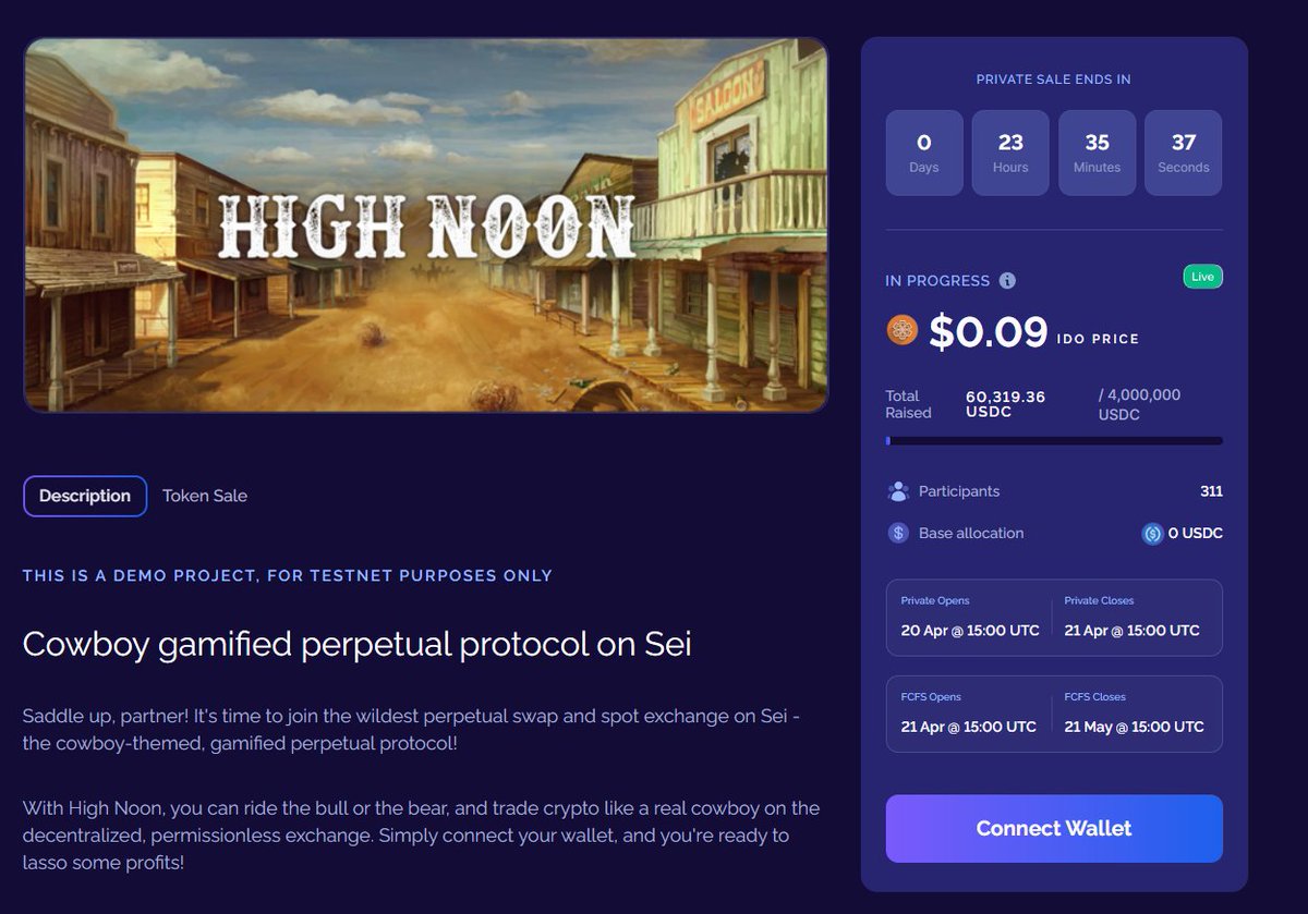 Eclipsefi's tweet photo. High Noon testnet project is now in Private Round phase.

Connect your wallet to see if you have been whitelisted. If yes you will be able to participate.

If you didn't make the whitelist, you will be able to participate in the FCFS round in 24hours. https://t.co/oG5fJzzIxr